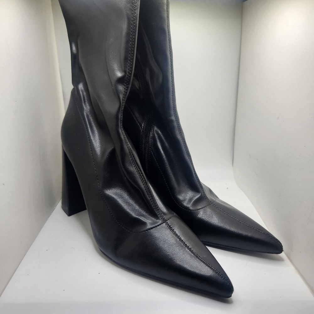 Zara Size 41 10 Black Faux Leather Pointed Toe Block Heel Sock Boots Minimalist